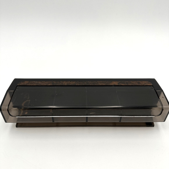 1980s Plastic Black with Faux Wood Desk Caddy Clear Smoke Organizer Hong Kong - Picture 1 of 9